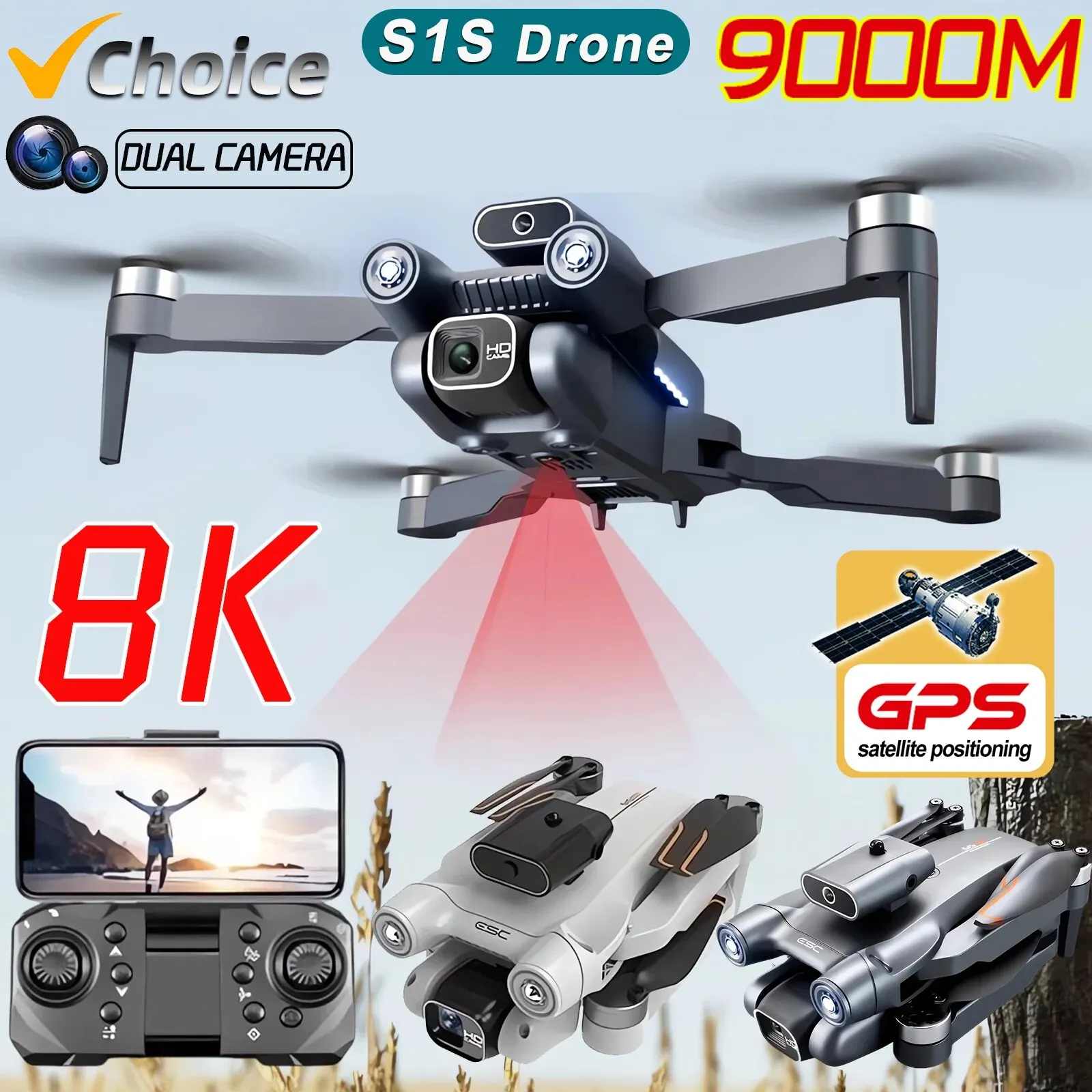 Drone Aerial Photography - プロのブラシレスモーター付きドローン,GPS付きクワッドコプター,折りたたみ式HDデュアルカメラ,s1s,5g,8k,新品
